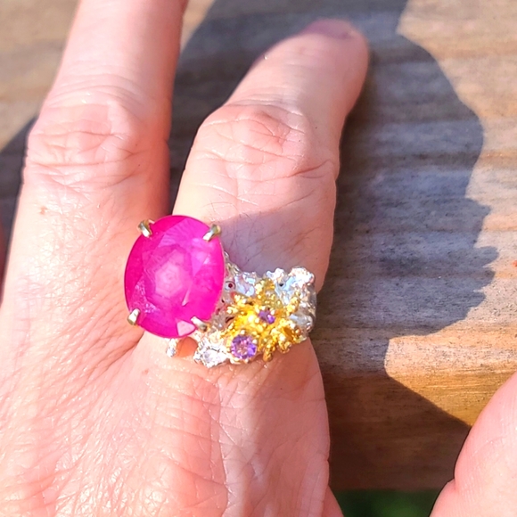 Natural Kharma by Avelon Jewelry - HUGE 15k Star Ruby Amethyst &Sterling & Gold 🕷 spider ring sz 8.5